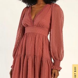 Charming Approach Rusty Rose Swiss Dot Tiered Mini Dress